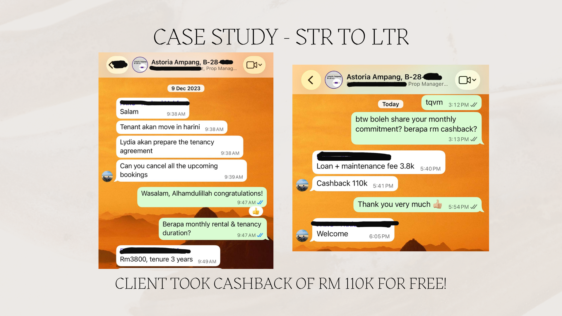 WhatsApp thread showing RM3,800 monthly rental and RM110,000 cashback for the owner