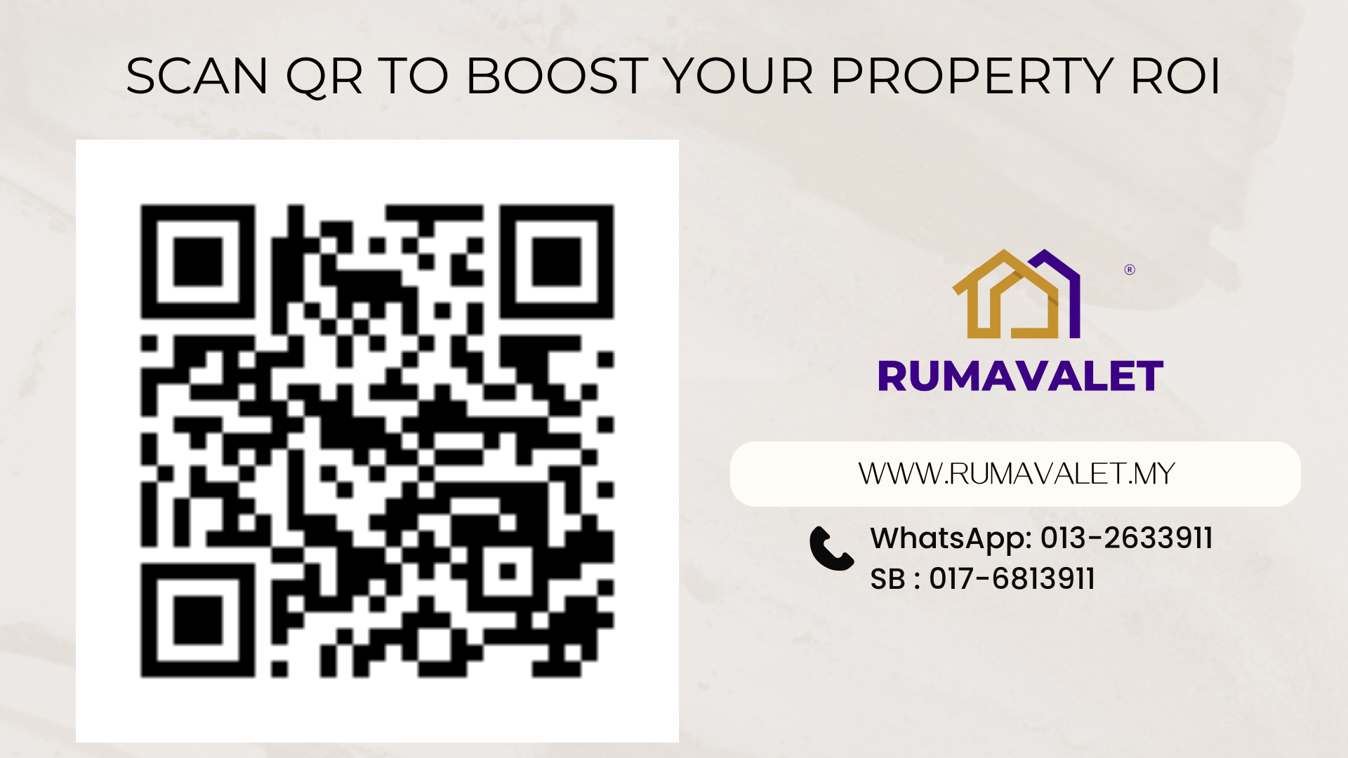 QR code linking to rumavalet.my with WhatsApp contact numbers 013-2633911 and 017-6813911