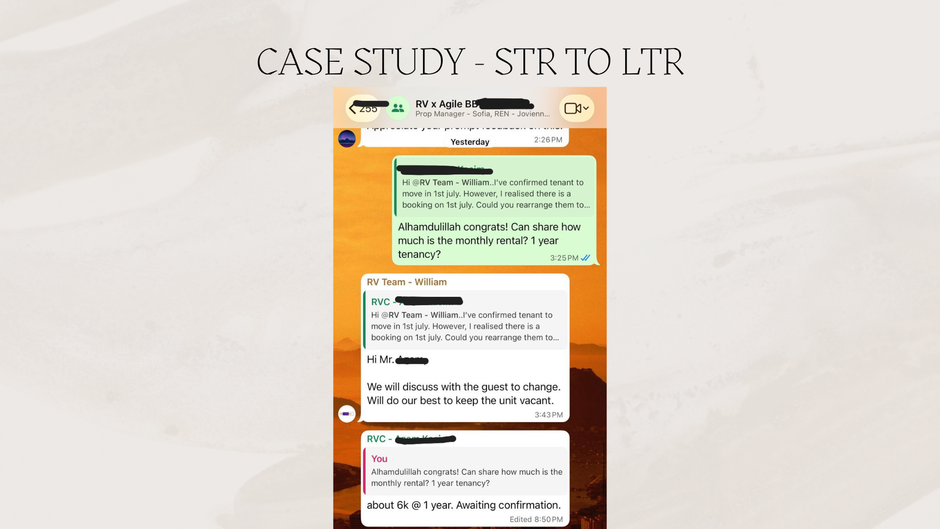 WhatsApp thread confirming the Agile BB tenancy at about RM6,000 per year-long lease
