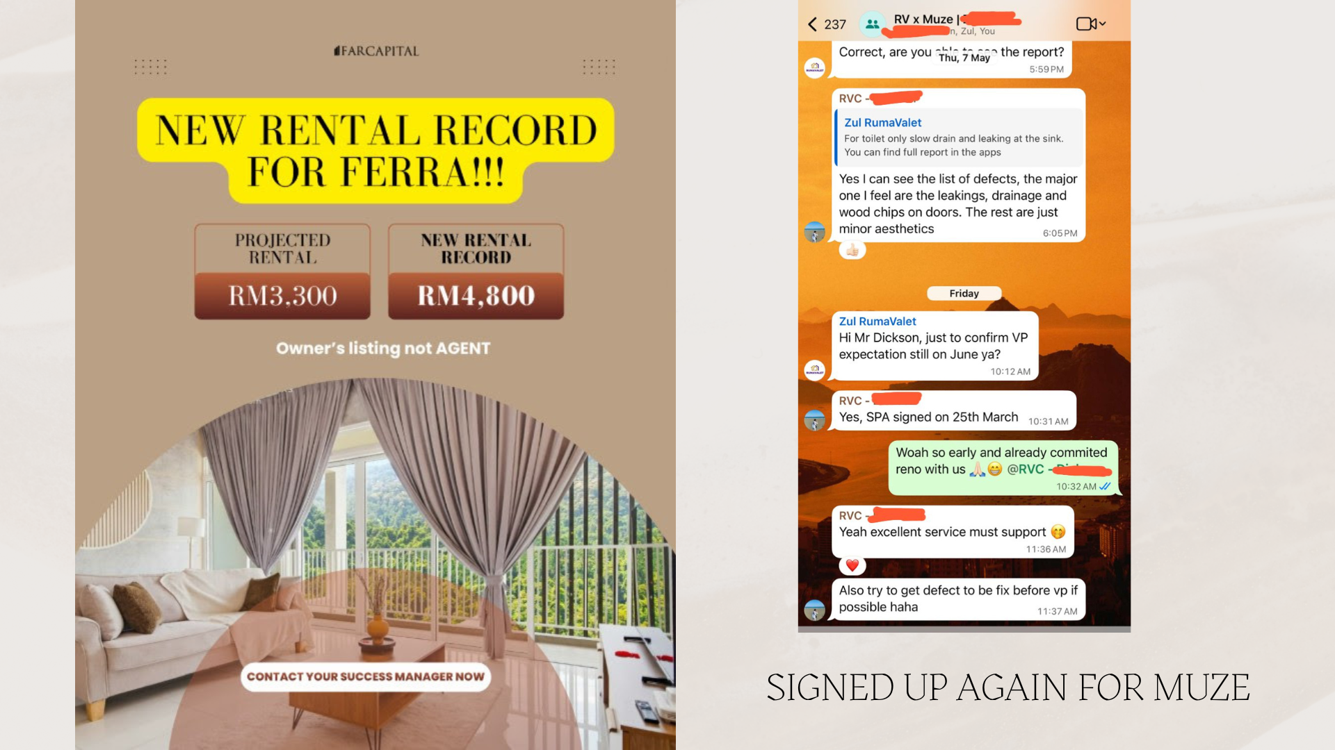 Rental record graphic showing projected RM3,300 versus achieved RM4,800, next to a client WhatsApp thread