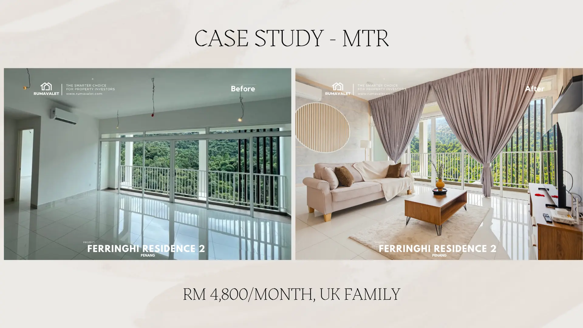 Ferringhi Residence 2 Penang living room before and after RumaValet renovation